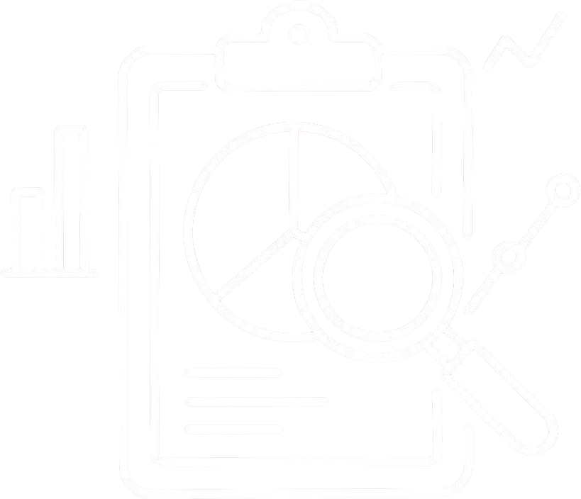 Generate _A sleek, modern graphic with a central stylized magnifying glass examining a pie chart thats subtly integrated into a clipboard icon. Around it, a few abstract minimalist bar graphs and line charts